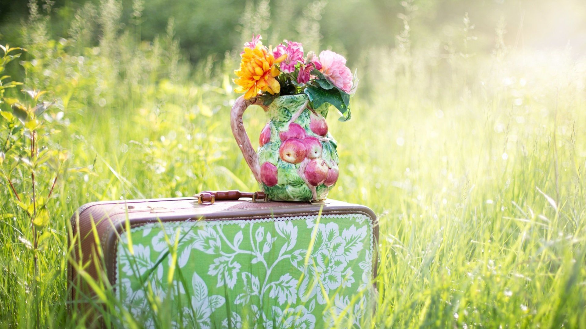 Kleurrijke bloemen in een versierde kan staan bovenop een vintage koffer in een zonnig groen veld.