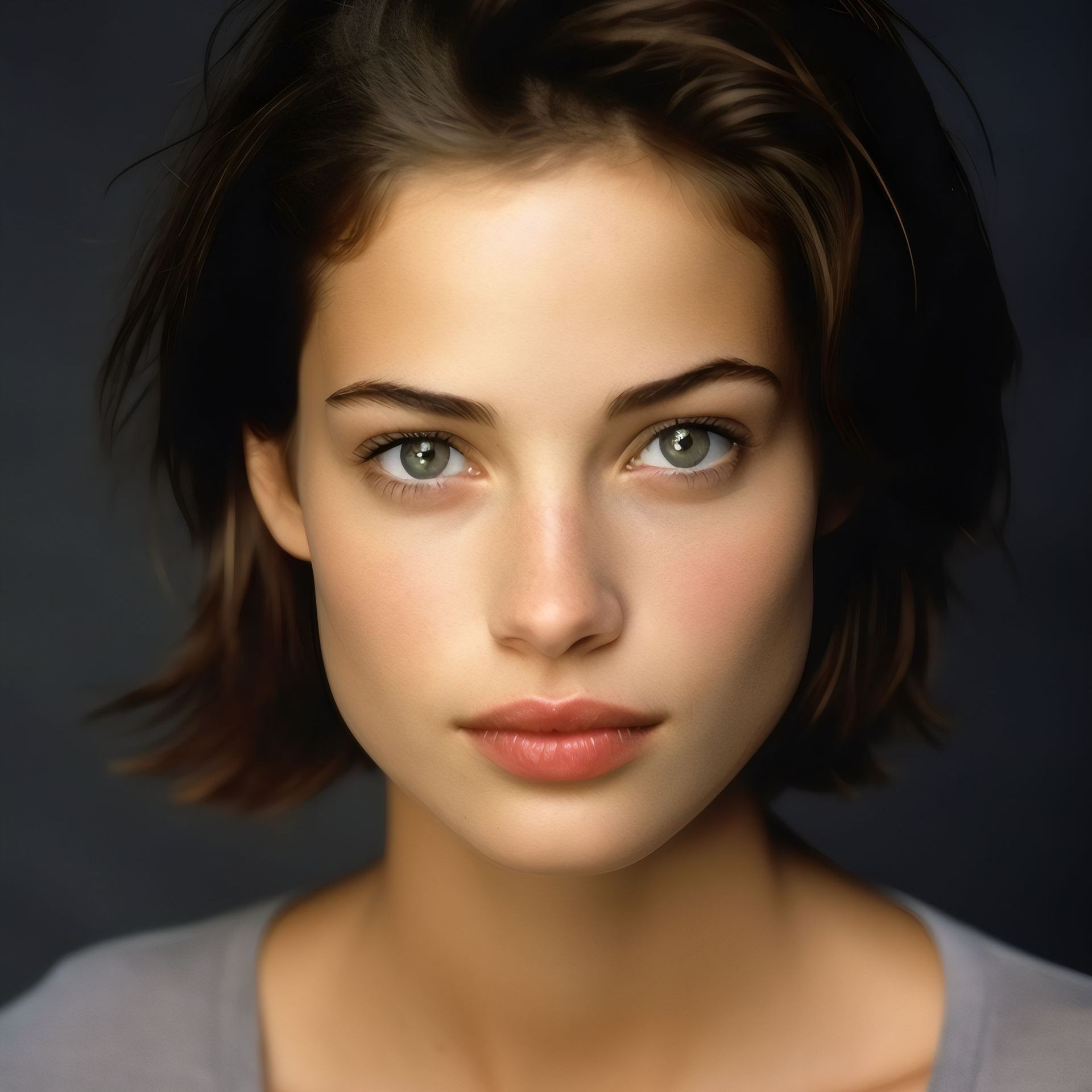 A close up of a woman 's face with green eyes