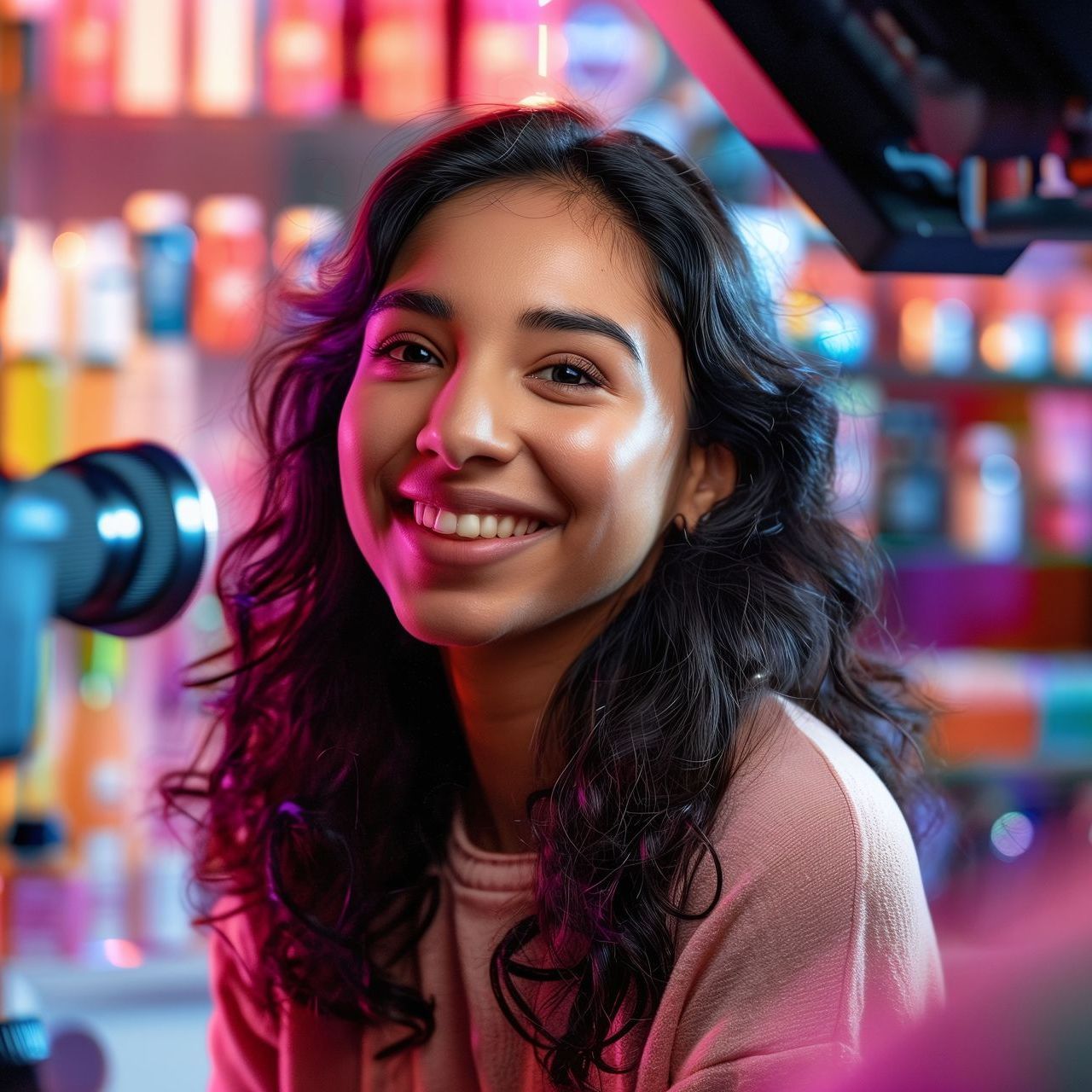 A woman is smiling in front of a camera in a store.