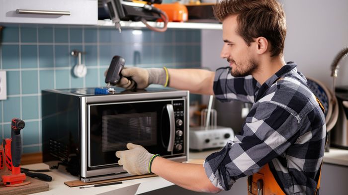 A man is fixing a microwave oven in a kitchen.