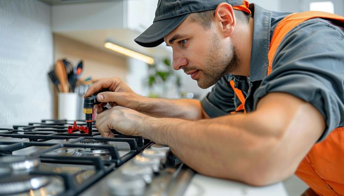 A man is fixing a gas stove in a kitchen.