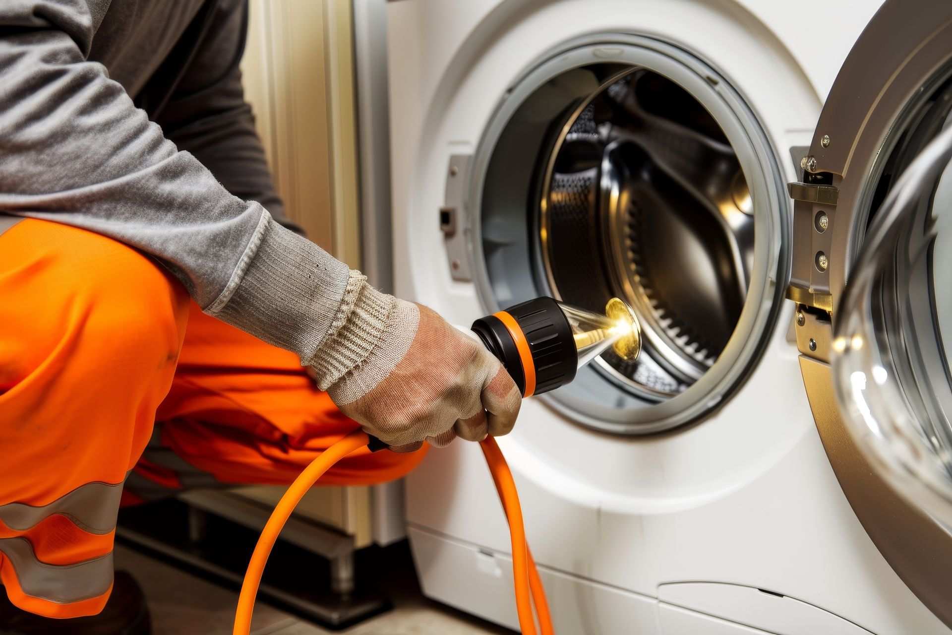 A man is working on a washing machine with a hose.