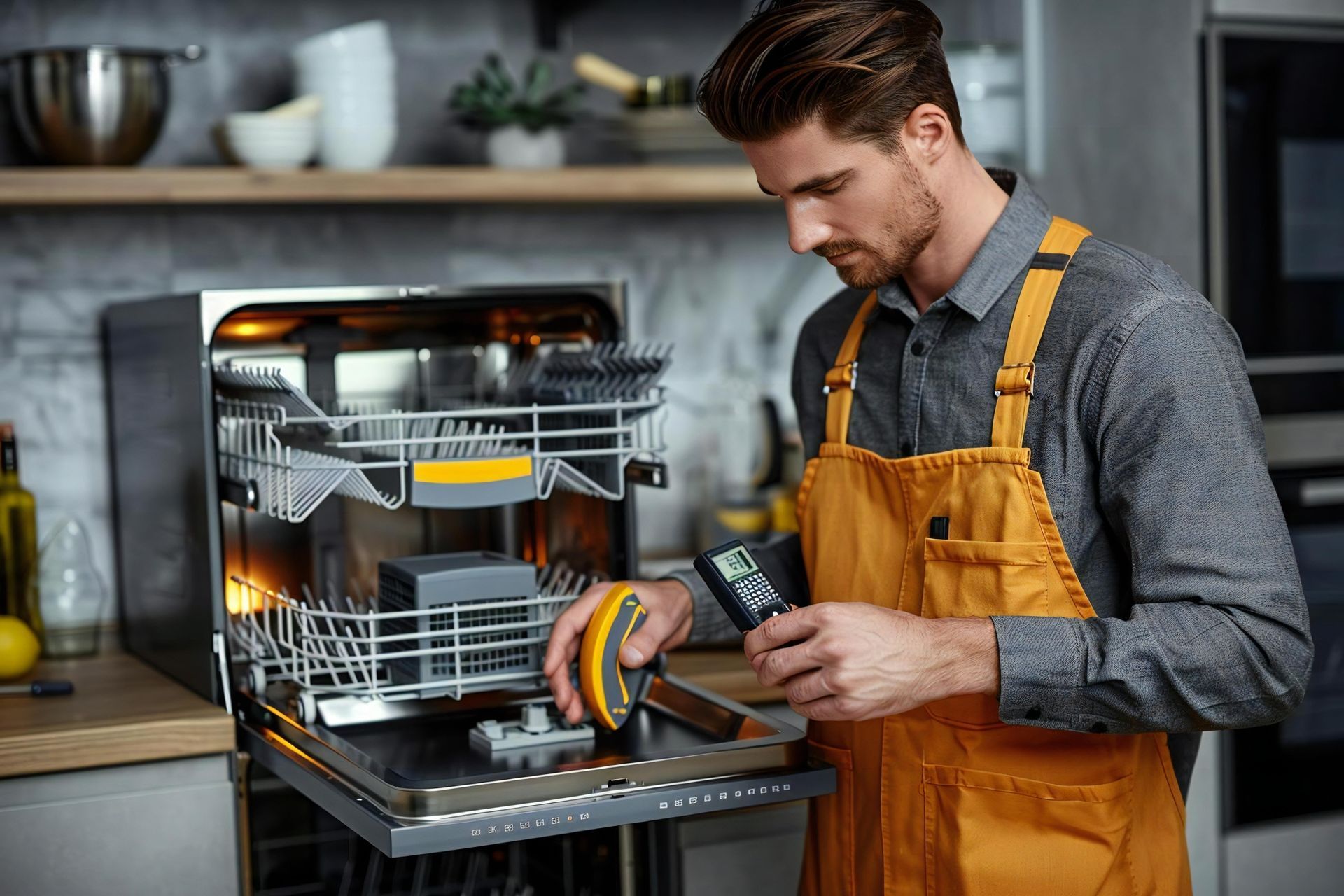 A man is fixing a dishwasher in a kitchen.