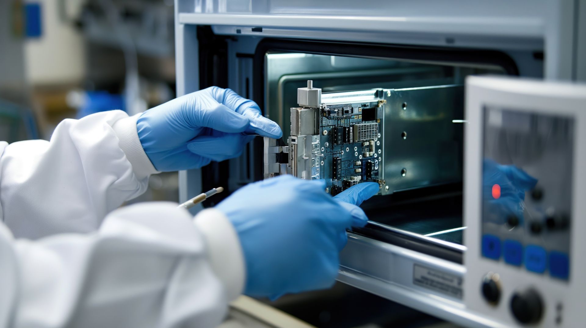 A person wearing blue gloves is working on a microwave oven in a lab.