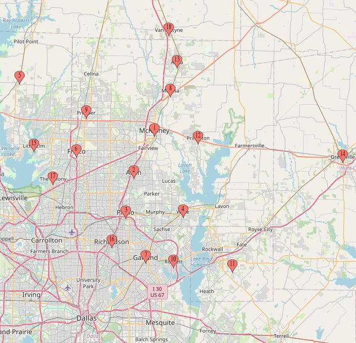 Map of McKinney Texas with  red markers, indicating surrounding areas.