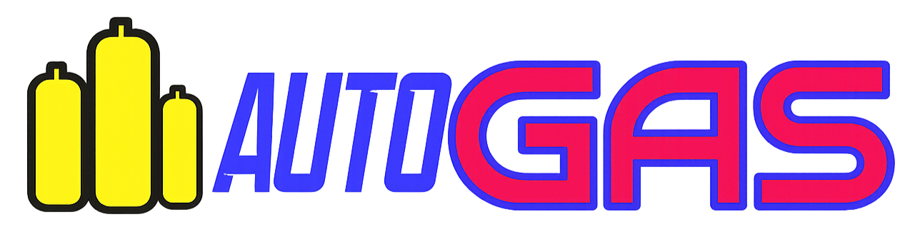 Logotipo de AUTO GAS con iconos de surtidores de combustible amarillos y texto azul y rojo sobre un fondo blanco.