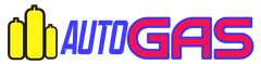 Logotipo de AUTO GAS con iconos de surtidores de combustible amarillos y texto azul y rojo sobre un fondo blanco.