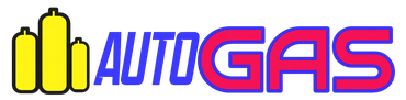 Logotipo de AUTO GAS con iconos de surtidores de combustible amarillos y texto azul y rojo sobre un fondo blanco.