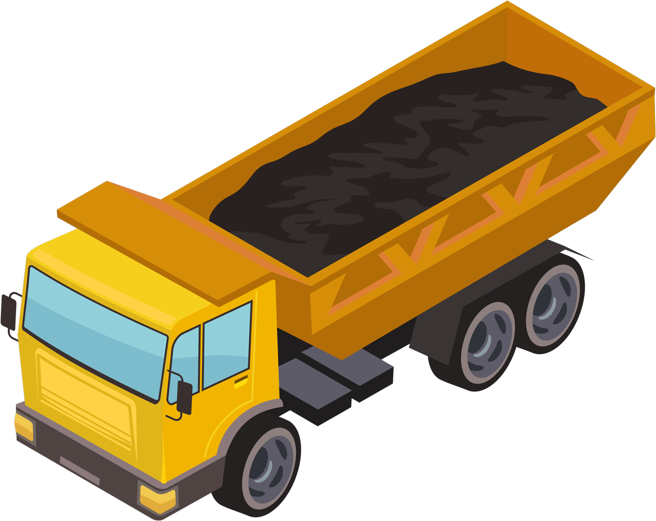 A yellow dump truck is filled with coal on a white background.