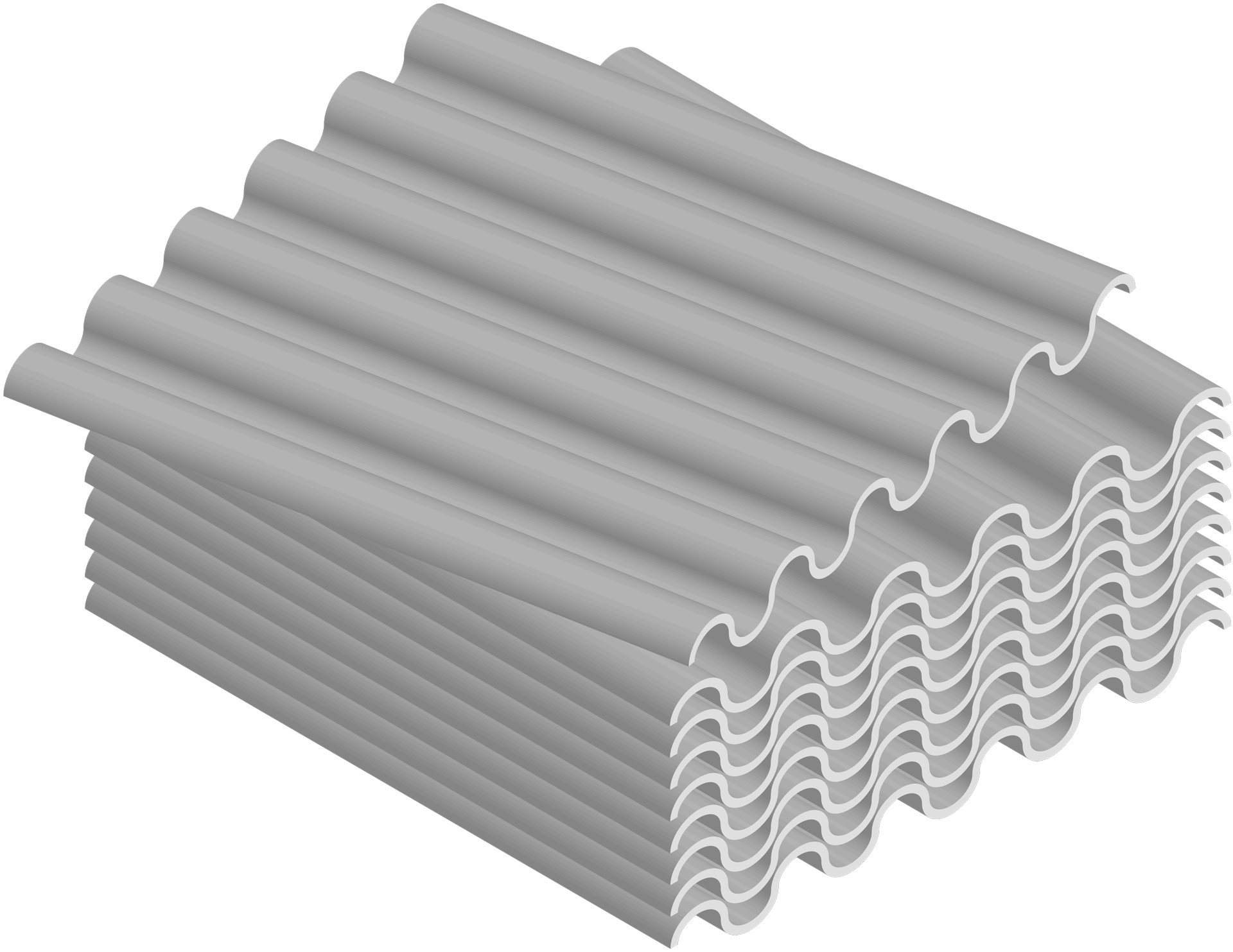 A stack of gray corrugated metal sheets on a white background.