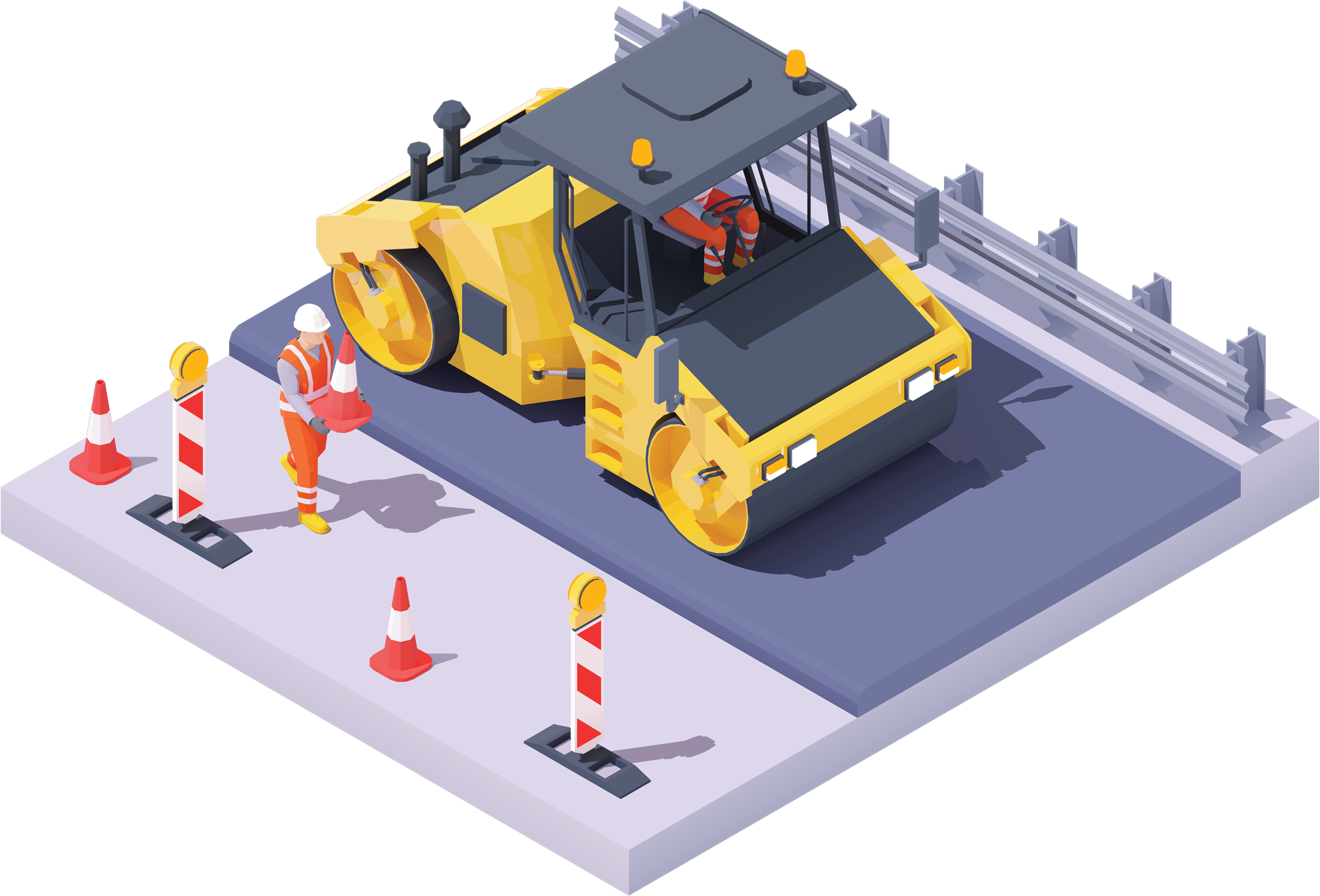 An isometric illustration of a road roller and a construction worker.