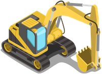 An isometric illustration of a yellow excavator with a large bucket.