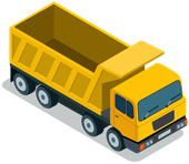 An isometric illustration of a yellow dump truck on a white background.