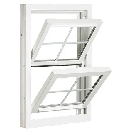 White double-hung window with both panes open outward on a white background