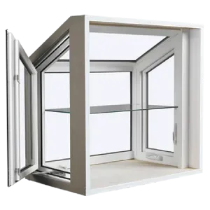 Open casement window display in a white frame with glass shelves on a white background