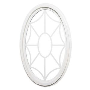 Oval white decorative window frame with frosted glass pattern