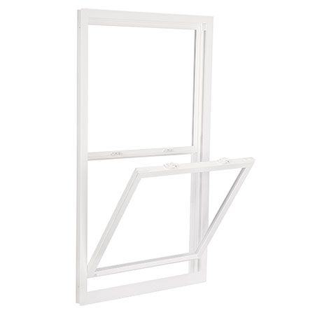 White casement window frame with one lower sash open outward on a plain white background