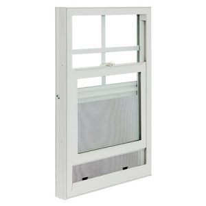White screen door with a mesh lower panel and small rectangular windows at the top