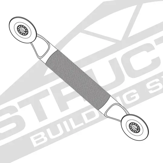 Silver metal cable lug with a textured grip and ring terminals on both ends, shown diagonally on white background