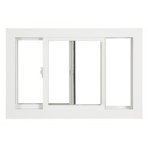 White-framed sliding window with three glass panels on a light background