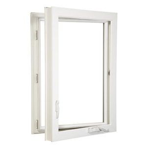 White casement window open inward with a handle and hinges, isolated on a white background