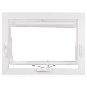 White window frame with a tilted-open casement window and handle on the bottom center