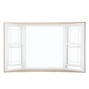 Open white bay window with central picture pane and two side casement windows