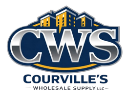 Logo for Courville’s Wholesale Supply LLC featuring silver "CWS" letters in a dark blue oval with gold accents and buildings.
