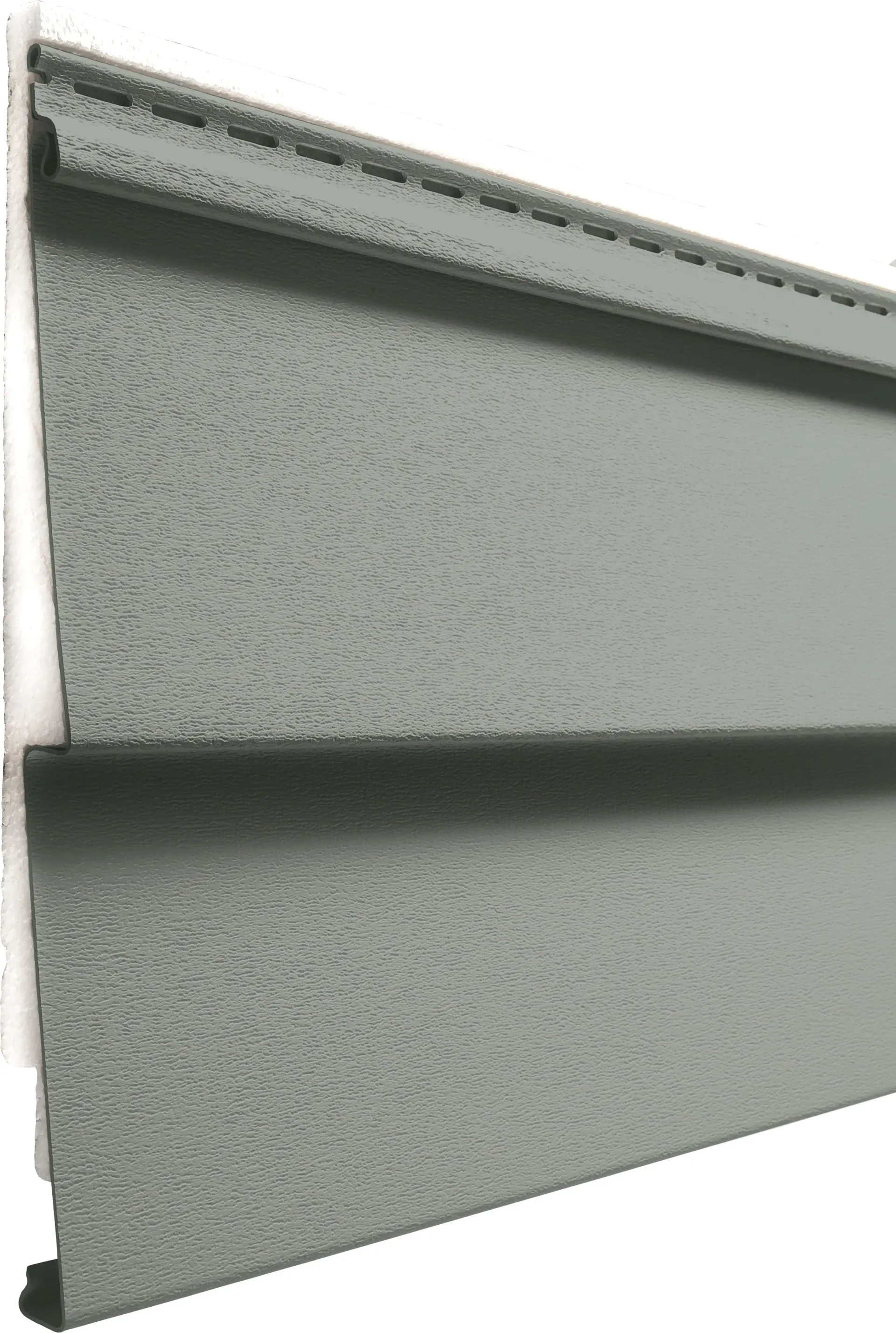 Gray metal wall panel with a horizontal ridge and trim detail, viewed at an angle.