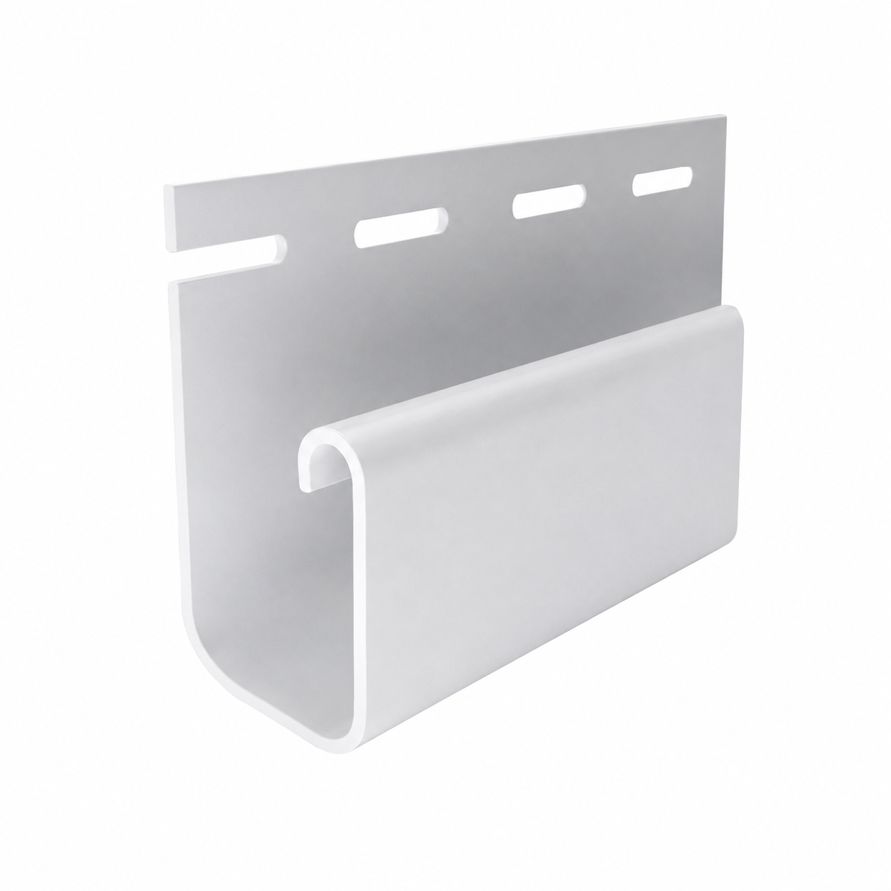 White vinyl siding panel with a slotted mounting strip on a white background