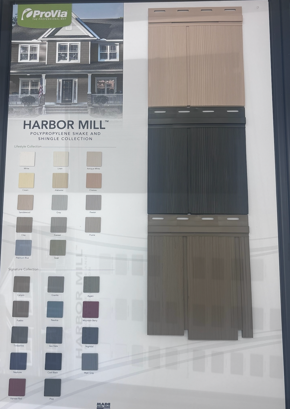 Harbor Mill flooring display board with wood finish samples and large plank panels in tan, gray, and dark tones