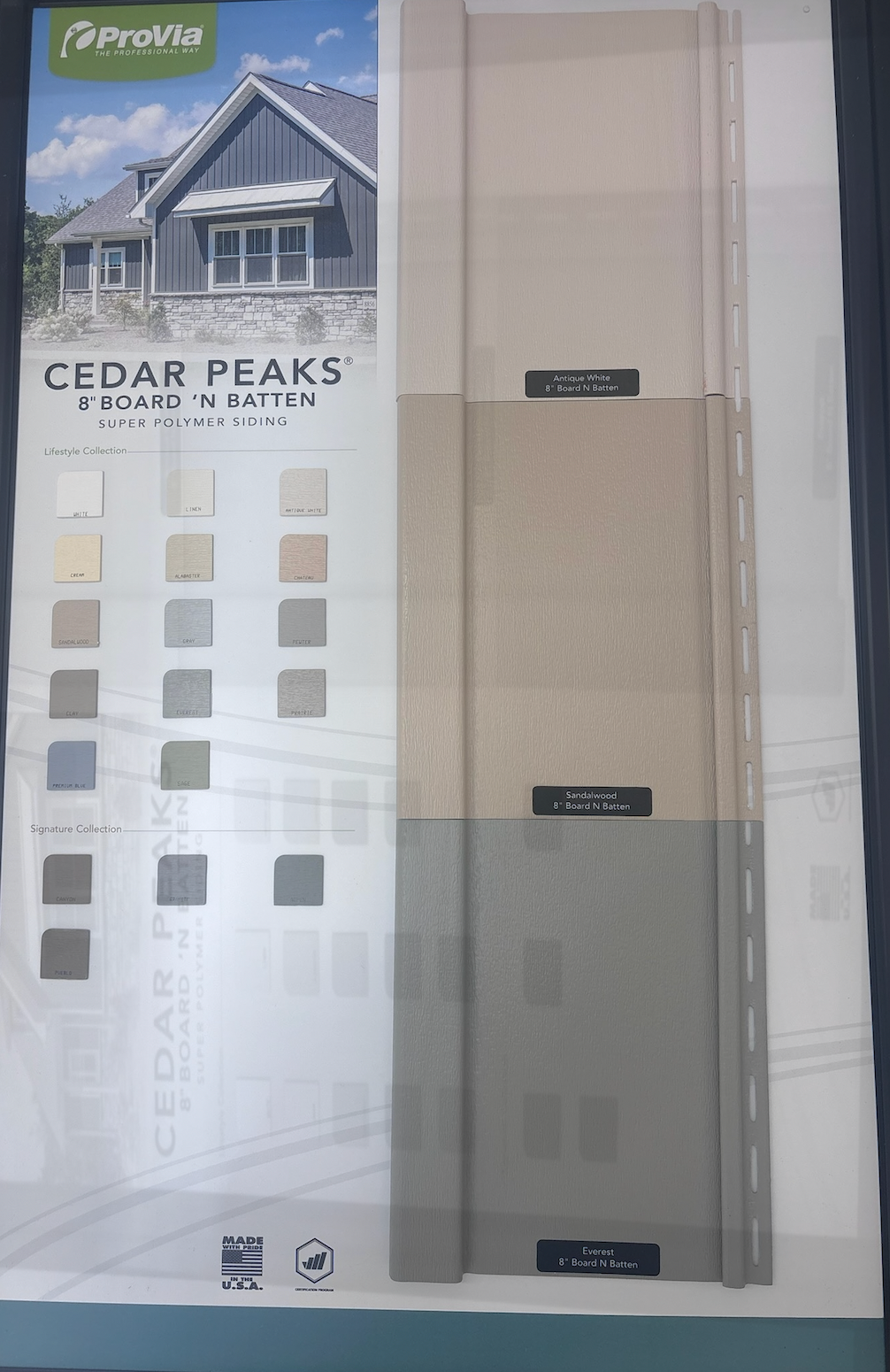 Window treatment sample display with Cedar Peaks branding and beige fabric swatches