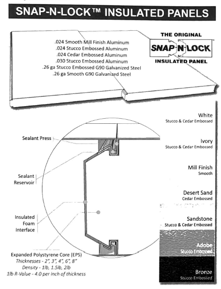 Snap-N-Lock insulated panel diagram with cross-section and finish color options.