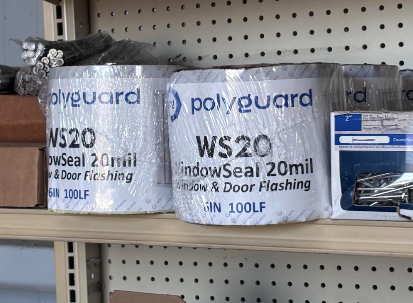 Bags of Polyguard WS20 WindowSeal on a store shelf, including 2mil and 4 door flashing