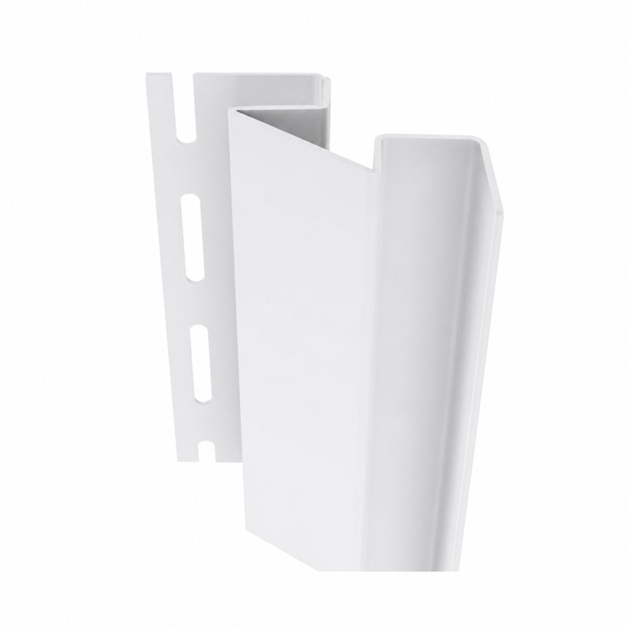 White vinyl siding corner trim with a slotted mounting strip on a plain background