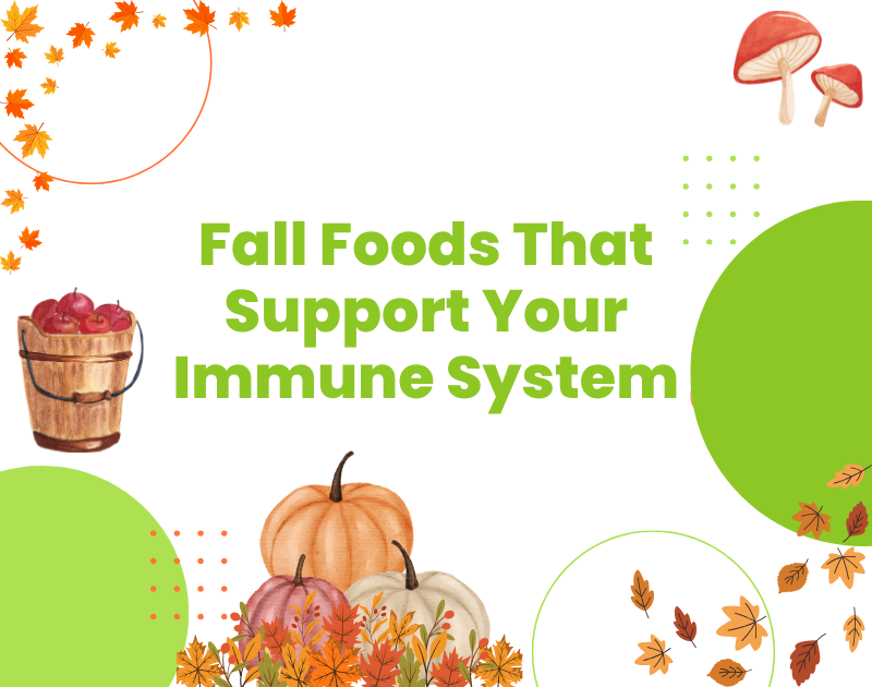 Fall foods that support your immune system, with pumpkins, apples, mushrooms, and autumn leaves.