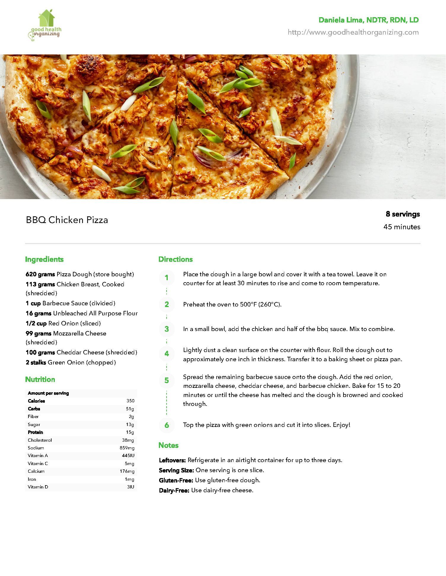 A close up of a pizza on a plate with a recipe on it.