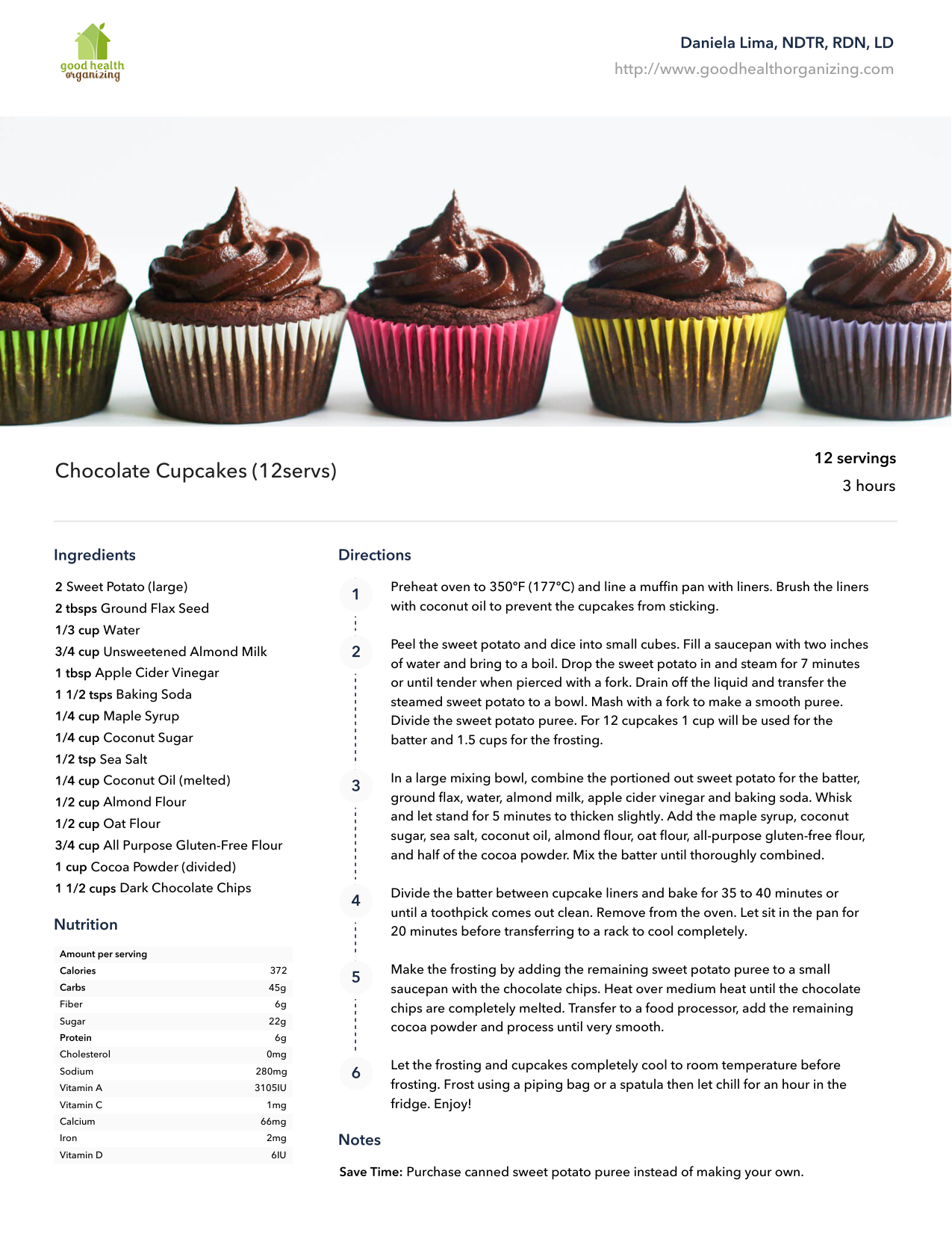 A recipe for chocolate cupcakes is on a piece of paper.