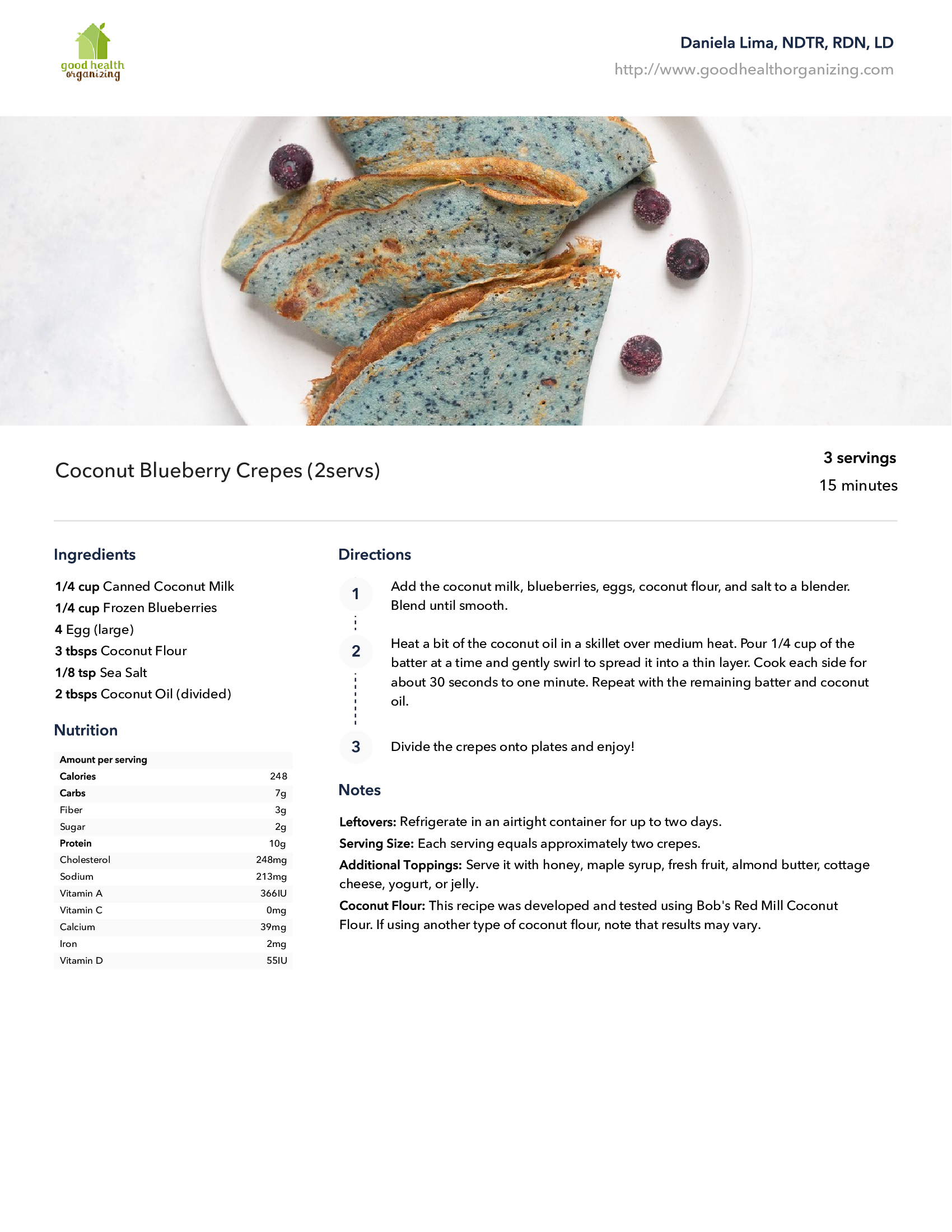 A recipe for blueberry crepes with blueberries on a white plate.