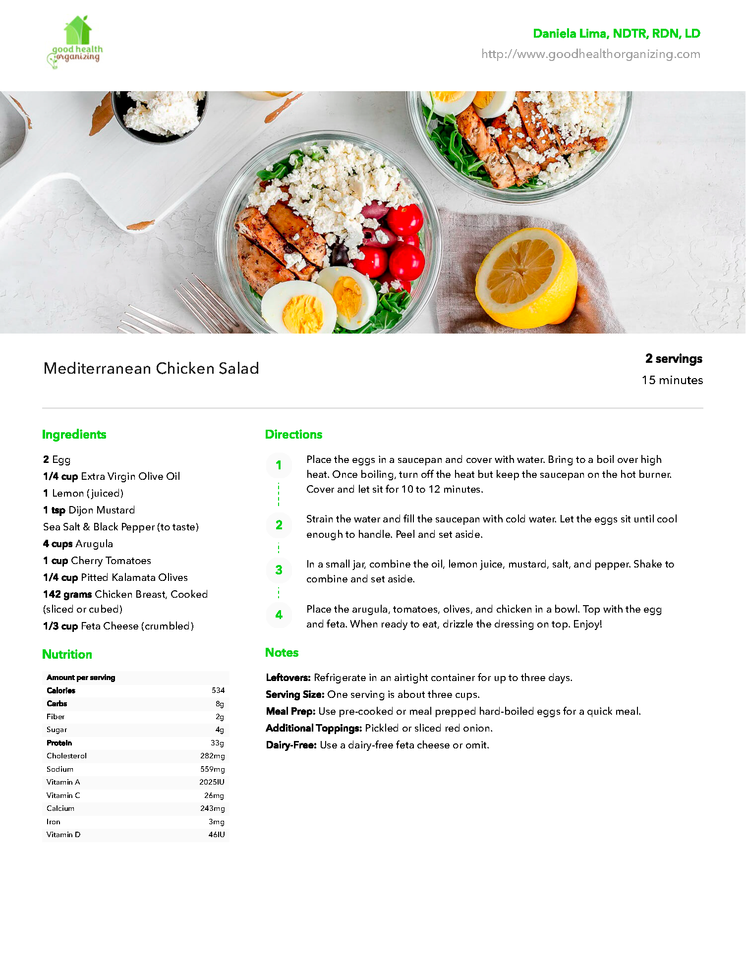 A recipe for a salad with chicken , eggs , vegetables and a lemon.
