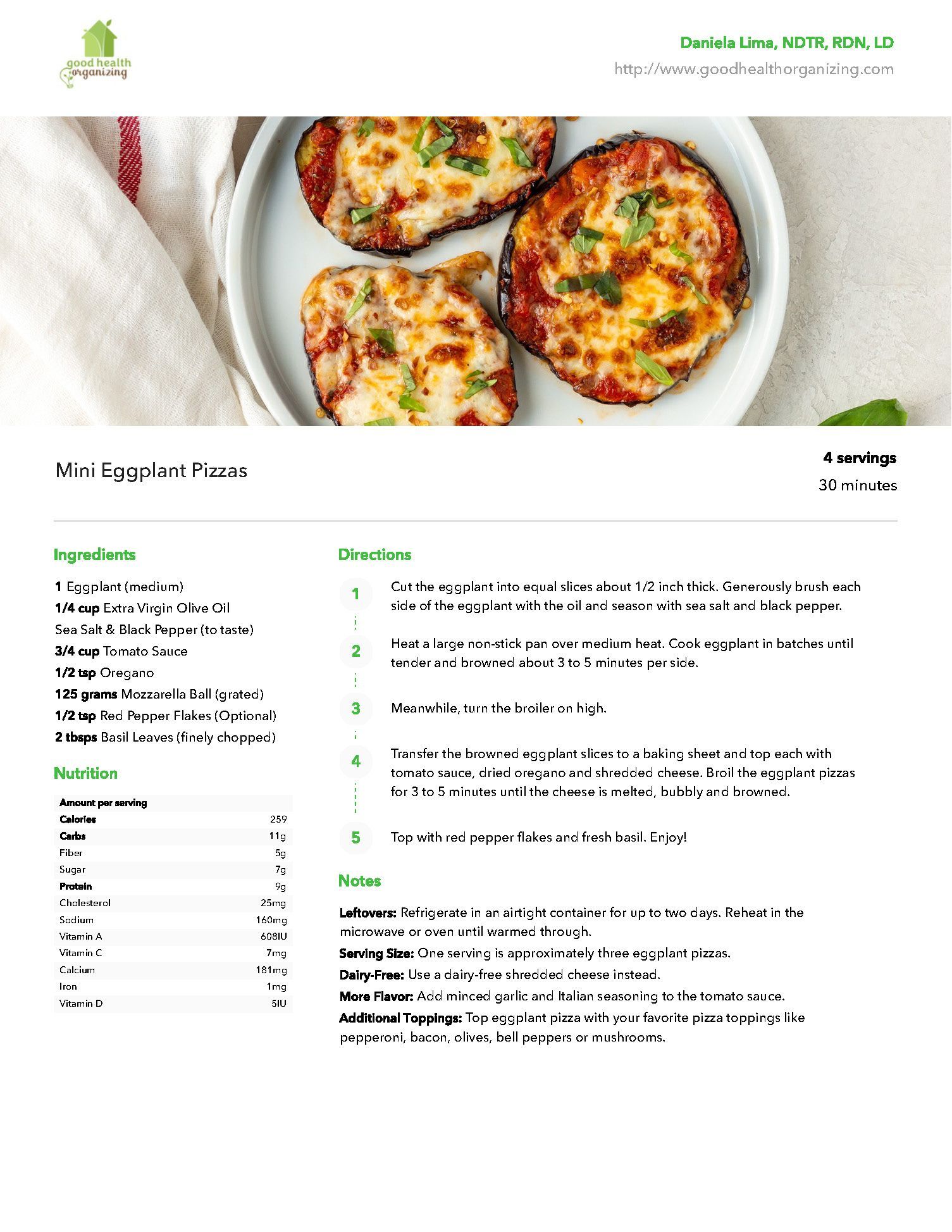 A white plate topped with three pizzas and a recipe.