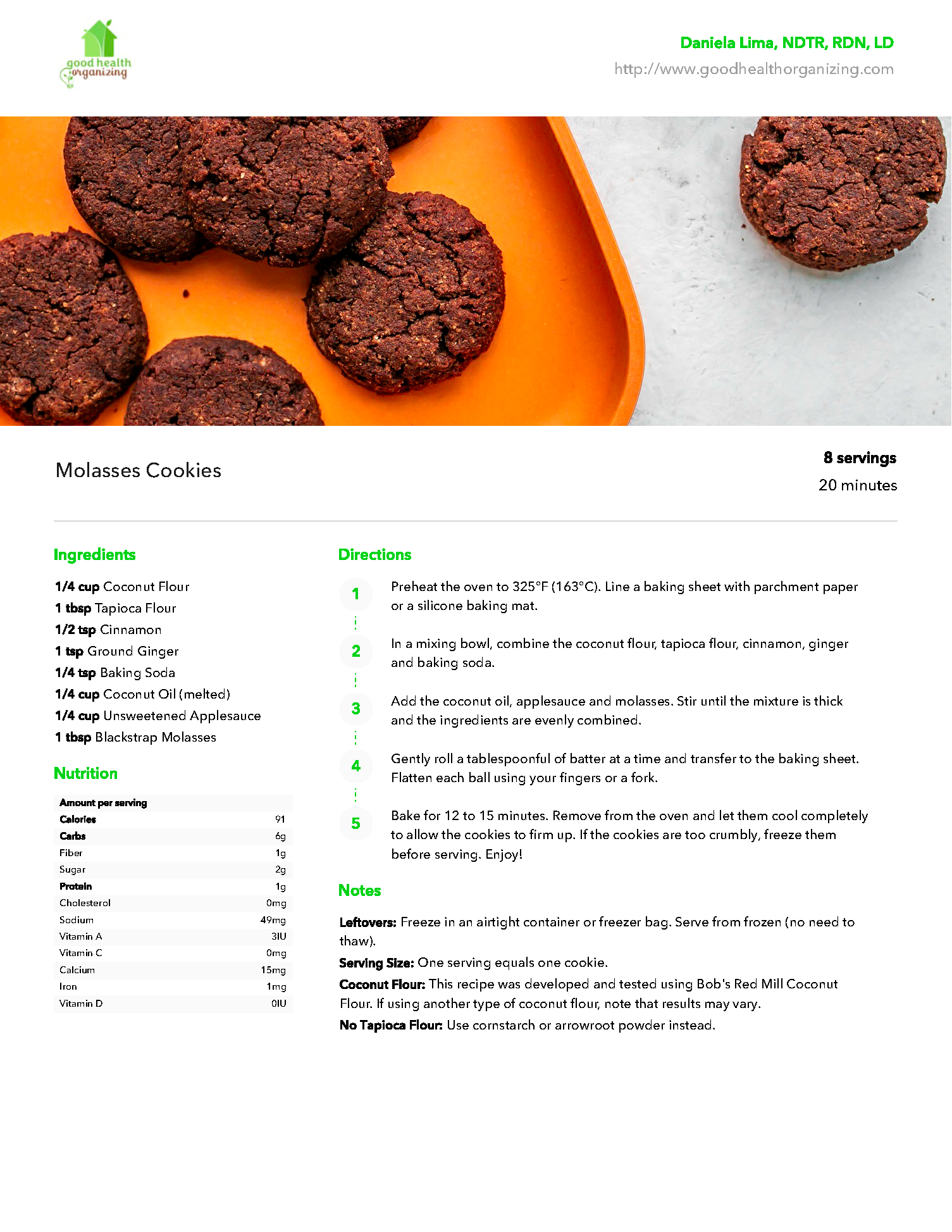 A recipe for chocolate cookies with a picture of chocolate cookies on an orange plate.