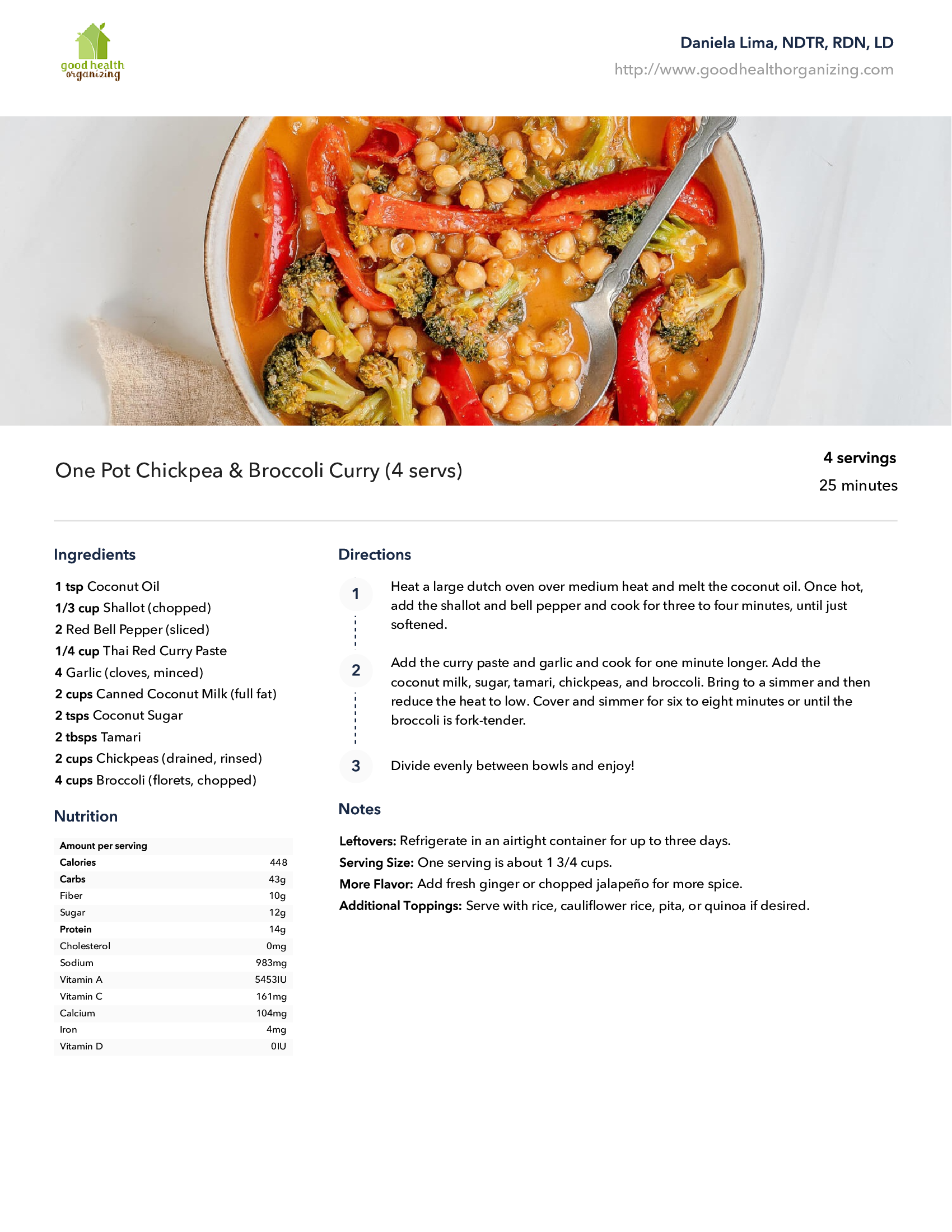 A recipe for chickpeas and broccoli curry with a picture of a bowl of chickpeas and broccoli.
