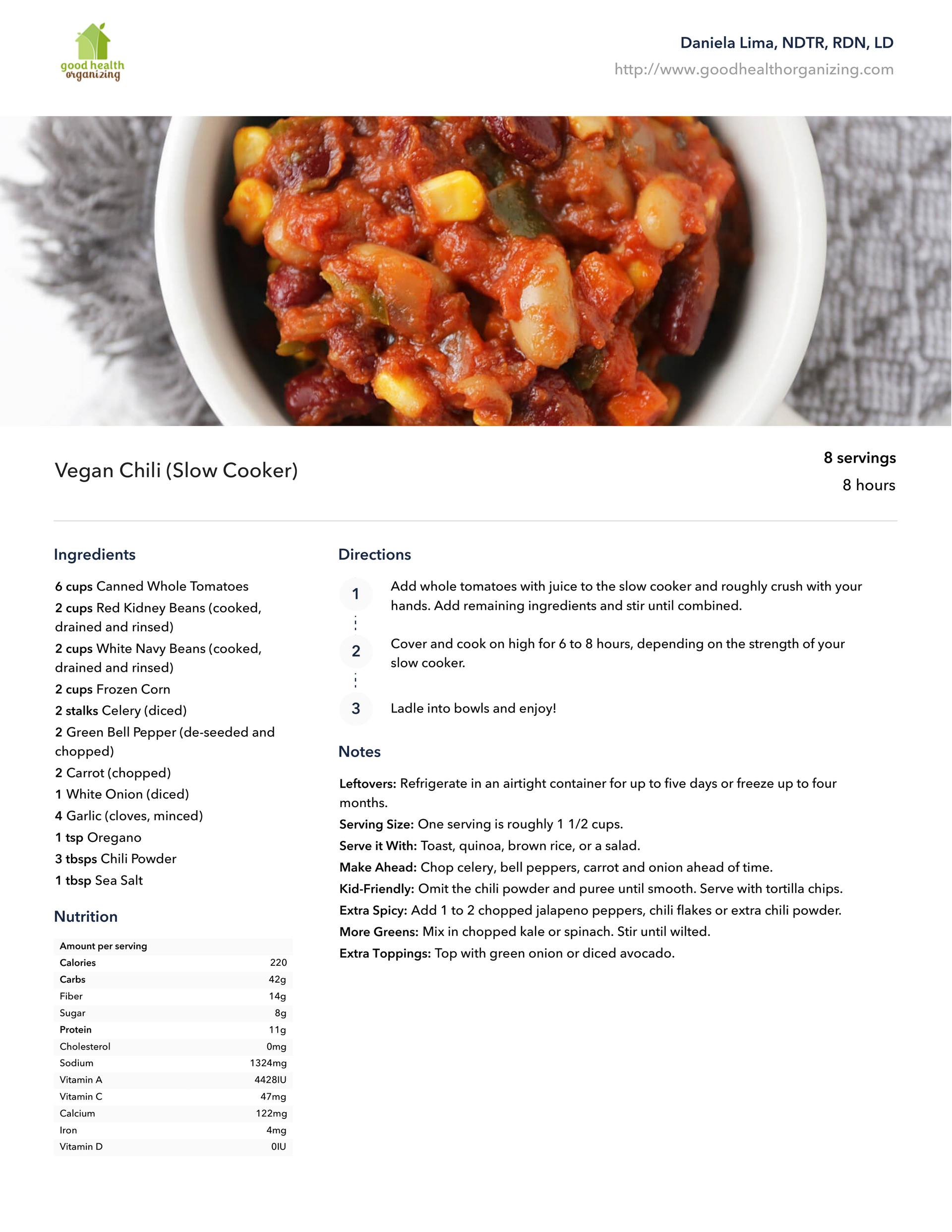A recipe for a bowl of chili with beans , corn and onions.