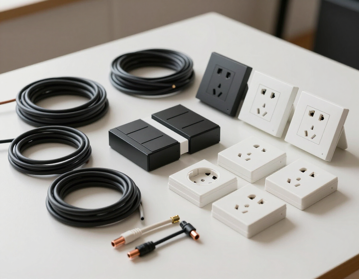 Varios cables de alimentación y adaptadores de enchufe sobre una mesa blanca, incluidos enchufes
