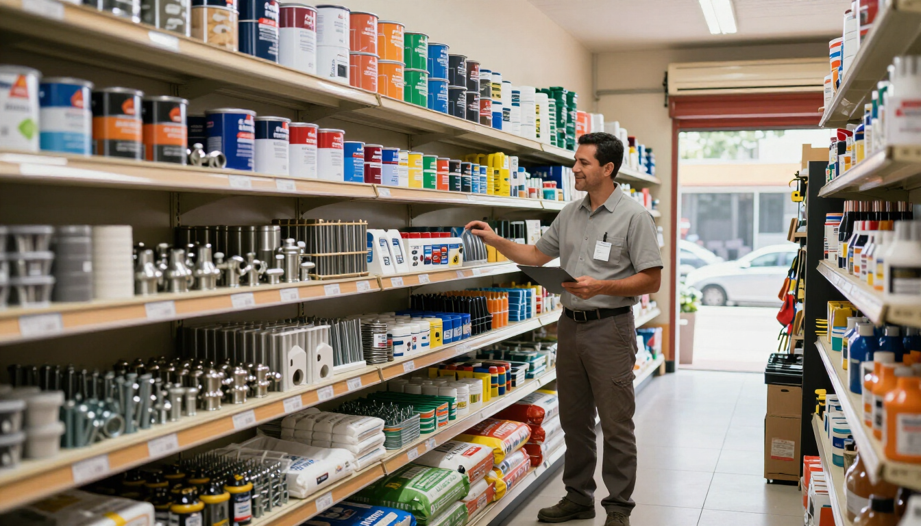 Un hombre reponiendo productos en una estantería de un supermercado, alcanzándolos en una tienda luminosa.