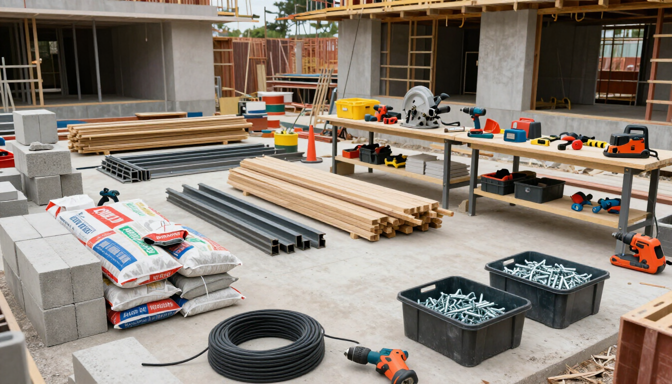 Obra en construcción con madera, tuberías, herramientas y materiales apilados sobre un suelo de hormigón