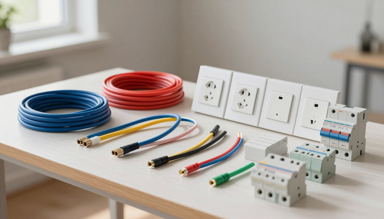 Cable azul y rojo enrollado, cables de colores sueltos y enchufes e interruptores automáticos sobre un banco de trabajo