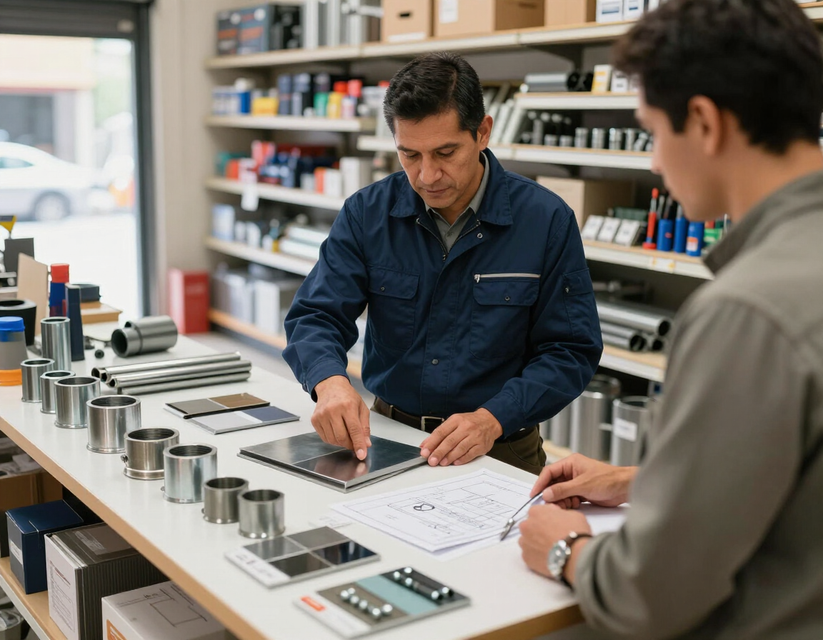 Dos personas en el mostrador de una tienda revisando una computadora portátil, muestras de pintura y documentos