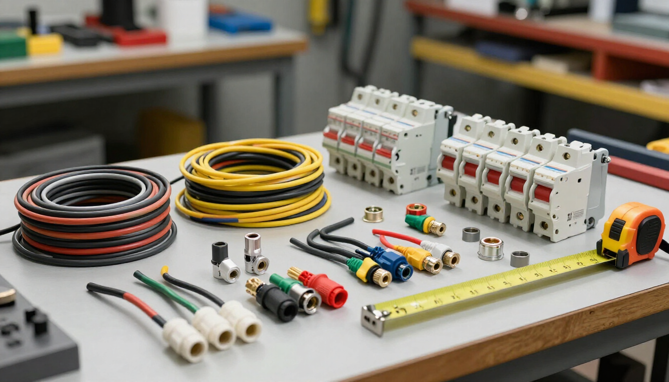 Material eléctrico sobre un banco de trabajo: rollos de cable, disyuntores, herramientas y una cinta métrica
